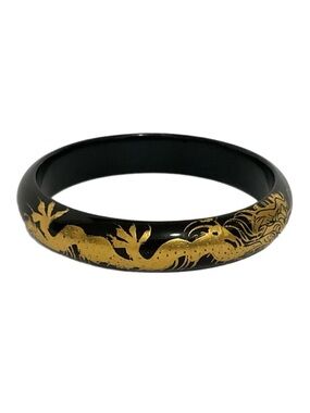 Black Lacquer Bangle Bracelet with Gold Dragon Design